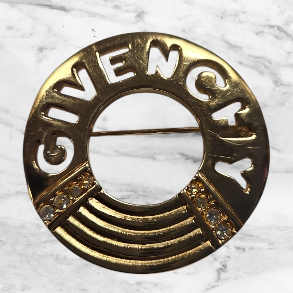 Givenchy Gold Circular Brooch with Crystal Details